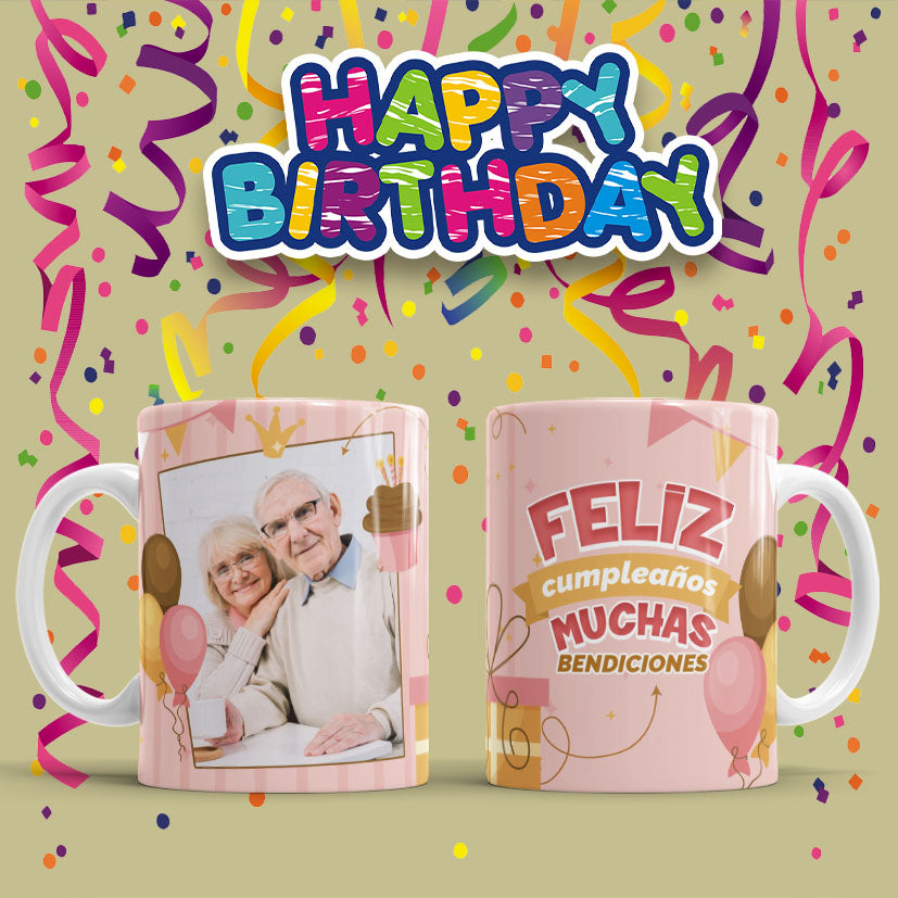 Taza Personalizada con Foto, Feliz Cumpleaños Muchas Bendiciones
