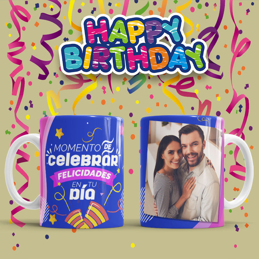 Taza Personalizada con Foto, Feliz Cumpleaños Frase: Momento de Celebrar
